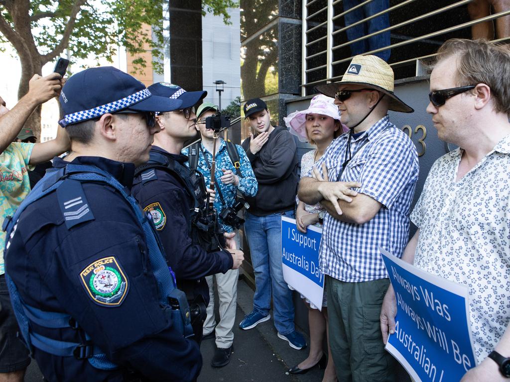 Australia Day protesters are moved on by police at the Invasion Day protest at Belmore Park, Sydney. Picture: NCA NewsWire / Brendan Read,