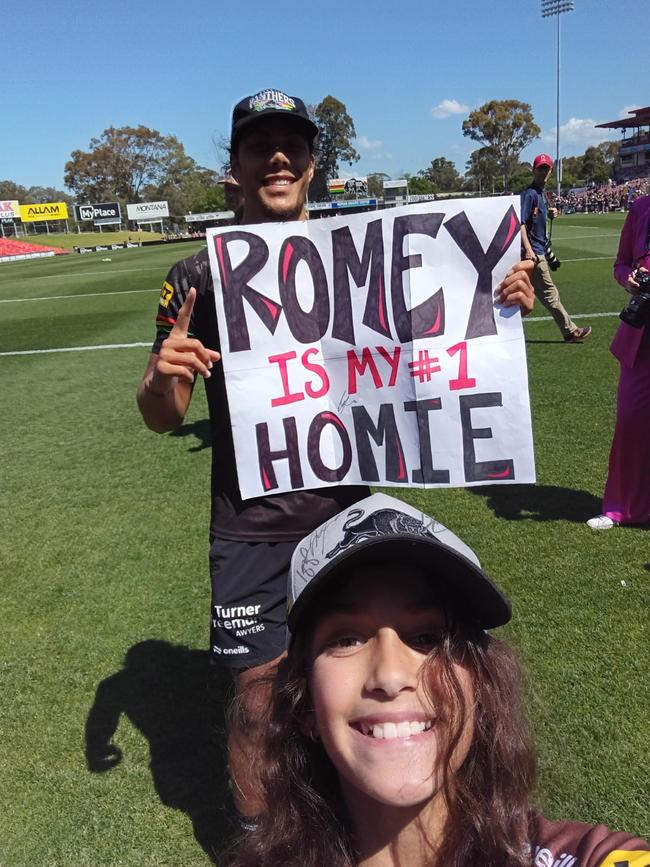 Elliya Nassif with her favourite NRL player Jarome Luai at Tuesday’s open training session