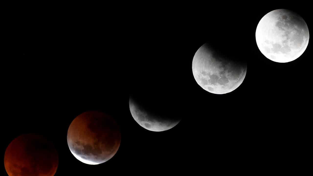 A composite photograph showing the various phases of a blood moon during a lunar eclipse in Sydney 2018. Picture: Joel Carrett/AAP