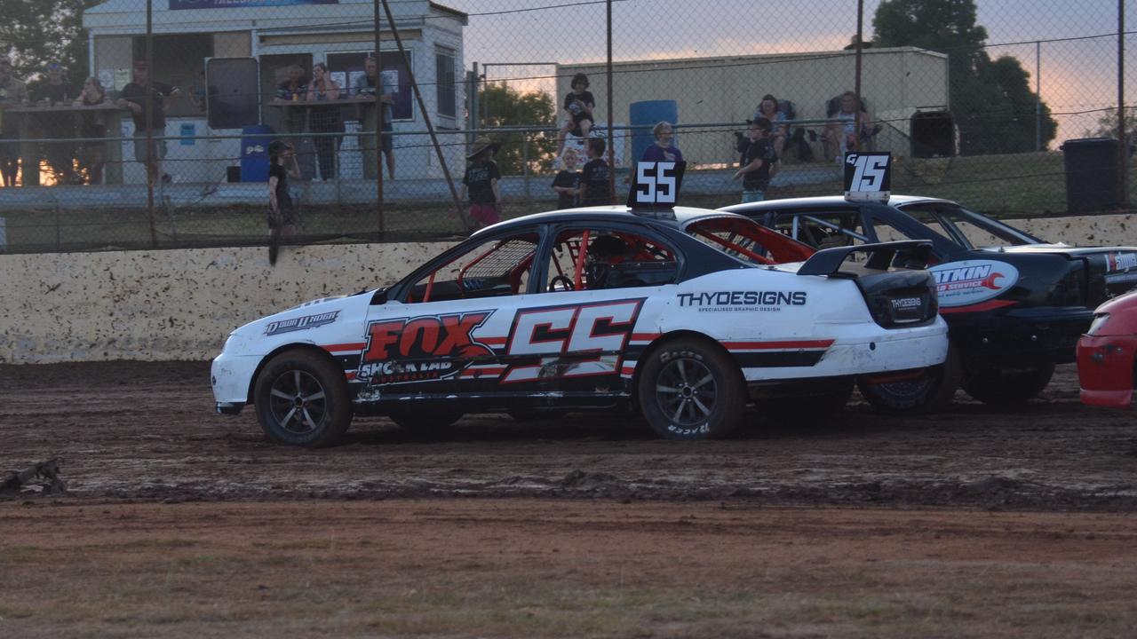 Josh Harm edges ahead of Tim Atkin during the modified sedans race at Kingaroy Speedway on Saturday, November 16. (Photo: Jessica McGrath/SBT)