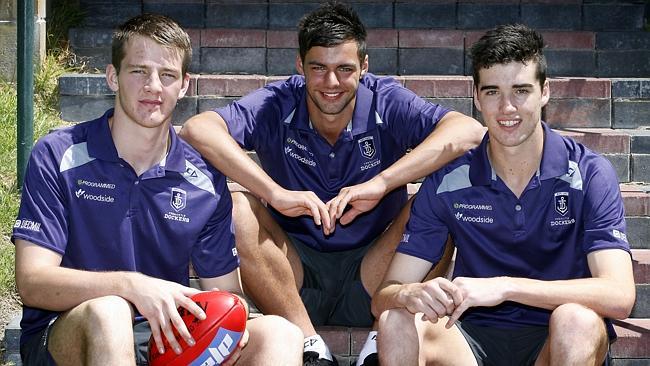 Fremantle Dockers new draft picks to the media; Michael Apeness (left), Alex Pearce (right) and Brady Grey (middle)