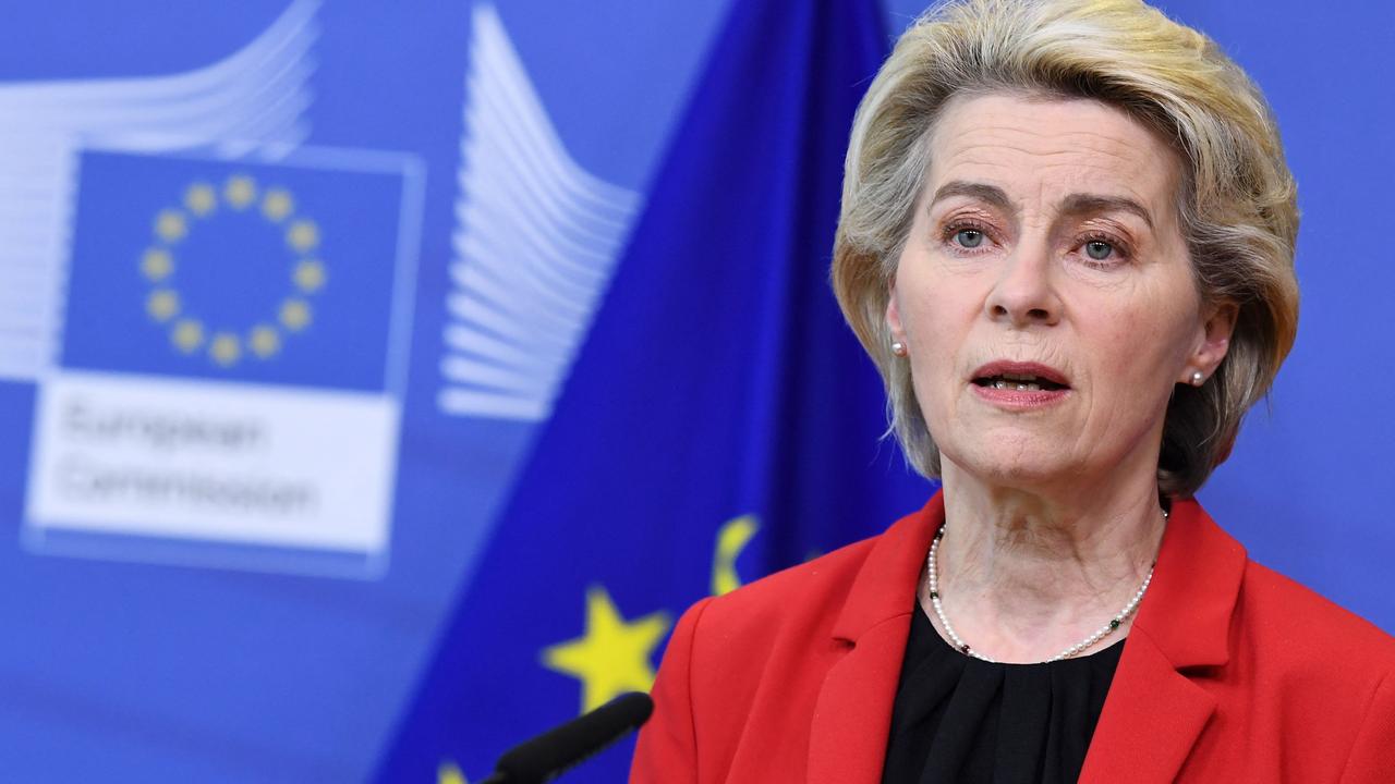 European Commission President Ursula von der Leyen gives a statement on Ukraine at the EU headquarters in Brussels. Picture: JOHN THYS / AFP