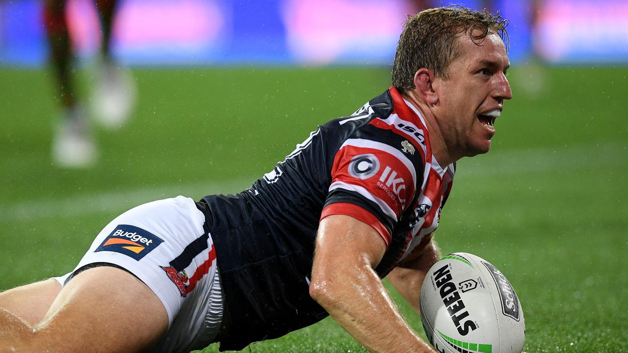 Mitchell Aubusson of the Roosters reacts after scoring a try against the South Sydney Rabbitohs. Picture: AAP Image/Dan Himbrechts