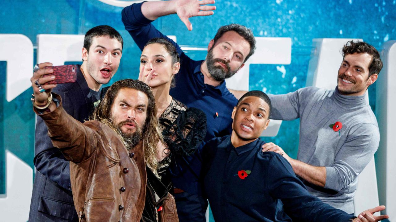 Ray Fisher with his Justice League co-stars Ezra Miller, Jason Momoa, Gal Gadot, Ben Affleck and Henry Cavill. Picture: AFP/Tolga Akmen