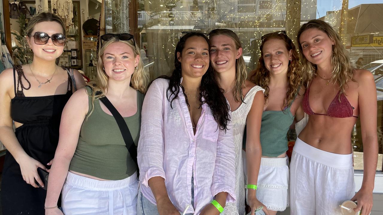 Sarah Disney, 18, Eve Magowan, 18, Bella Ross, 18, Carla Mitchell, 18, Phoebe Rayner, 18, and Anouk Bennett, 18, at Byron Bay Schoolies celebrations. Picture: Sam Stolz