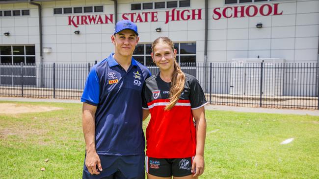 North Queensland Cowboys player Kaiden Lahrs, 18, with his younger sister Macey at Kirwan State High School. Picture: Alix Sweeney / North Queensland Cowboys