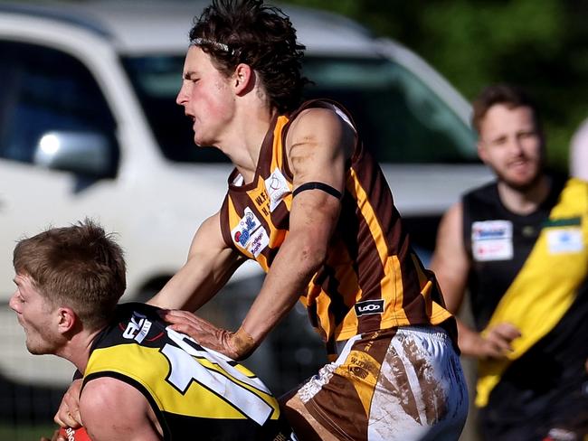 RDFNL: Lancefield v Woodend-Hesket: Ned O'Connell of Lancefield marks under pressure from O Watt of Woodend-Hesket at Lancefield Park on Saturday July 8, 2023 in Lancefield, Australia.Photo: Hamish Blair