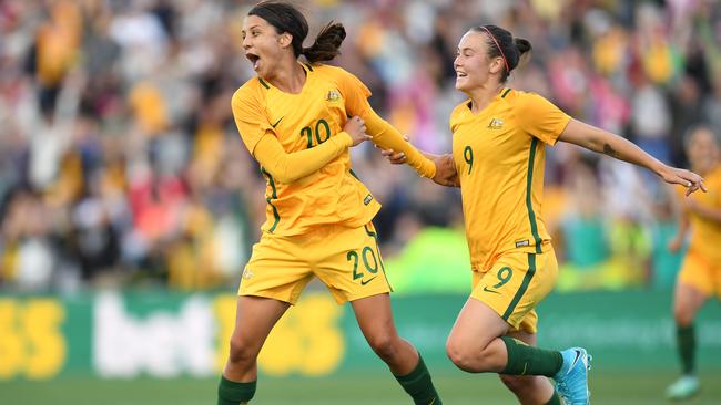 Caitlin Foord and Sam Kerr are ready to celebrate even more goals together. Picture: AAP Images 