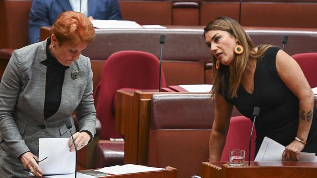 Senator Thorpe had words with Senator Hanson after her emotional address over sexual misbehaviour allegations. Picture: NCA NewsWire / Martin Ollman