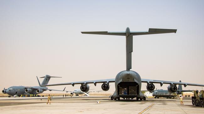 Two Royal Australian Air Force C-17A Globemaster III aircraft arrived at Australia’s main operating base in the Middle East region on Wednesday, 18 August 2021. Picture: Australian Defence Force