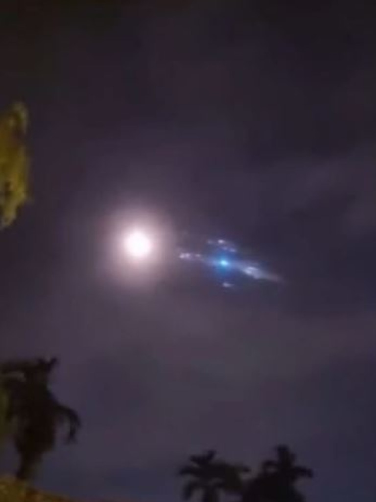 Footage alleges to show an out-of-control Chinese rocket breaking up over Malaysia. Picture: Twitter