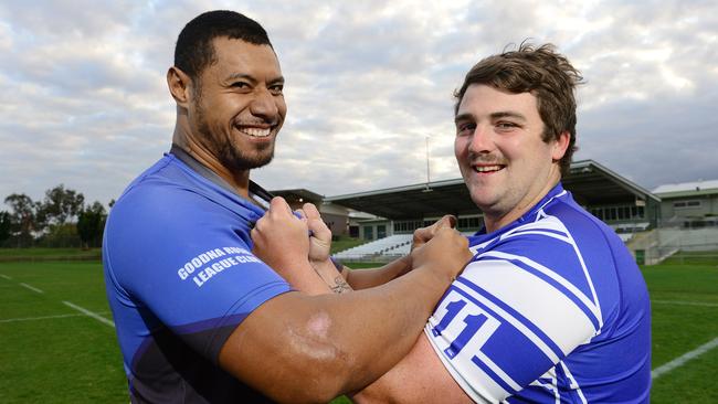 Former Brothers captain Sam Krueger (right) with Goodna counterpart Ramon Filipine preparing for the 2013 grand final.