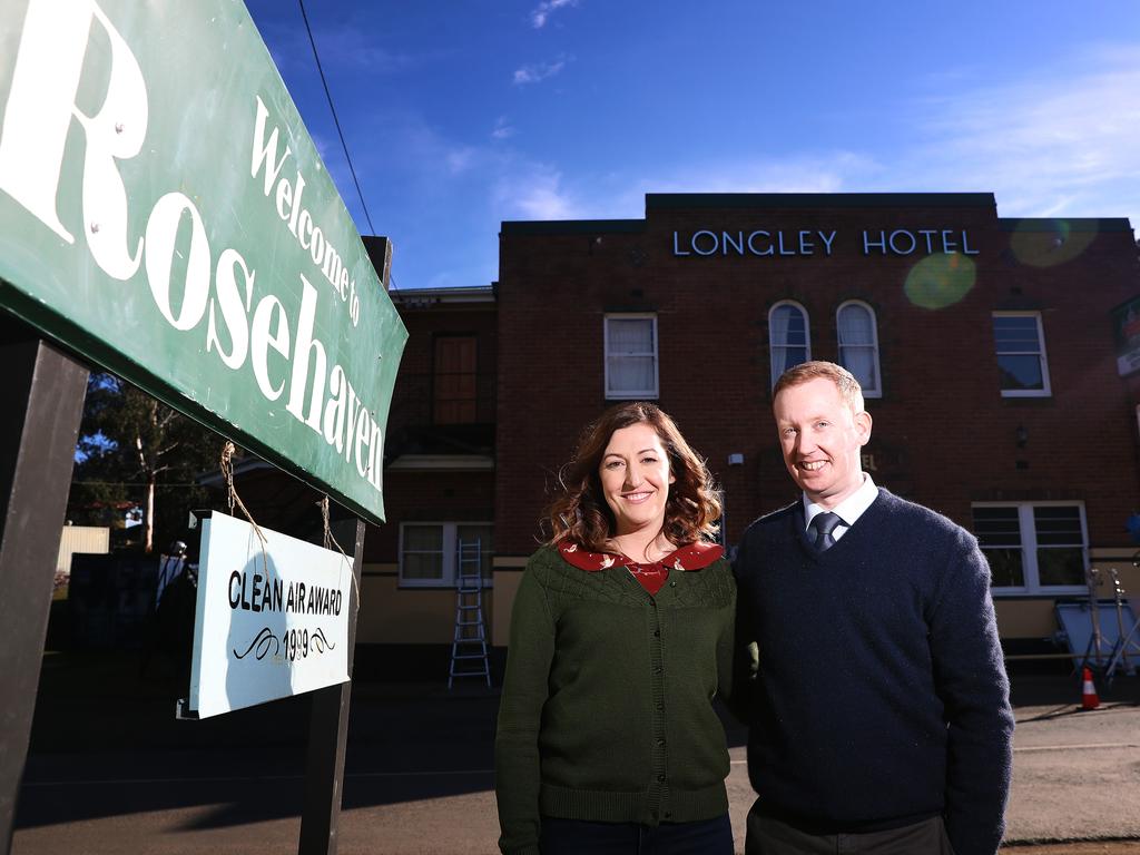 Celia Pacquola and Luke McGregor outside the Longley International Hotel. Picture: LUKE BOWDEN