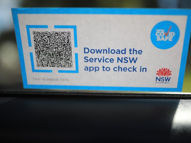 A taxi displays the new Service NSW QR code o nits window. Picture: NCA NewsWire / Christian Gilles