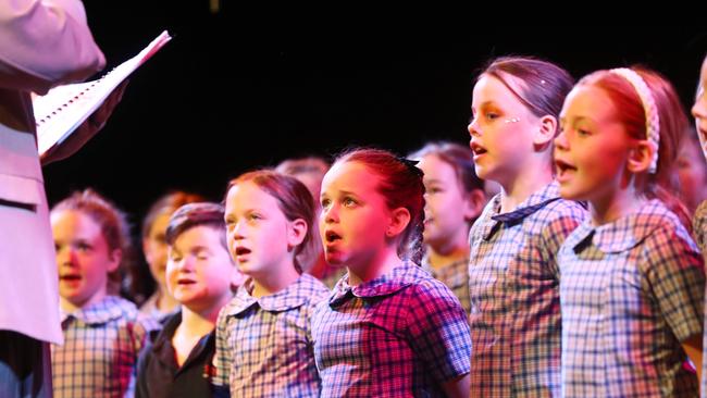 St Therese Primary School students performing at the Geelong Schools Music and Movement Festival. Picture: Alison Wynd