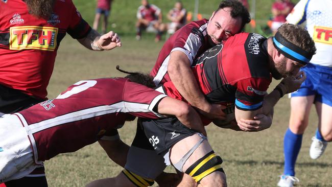 GCDRU Preliminary Final between the Nerang Bulls and the Griffith Uni Colleges Knights. Bulls player No 12 Kaleb Maxwell Knights Player No8 Jaye Paton Picture Mike Batterham