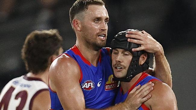 MELBOURNE, AUSTRALIA - MARCH 04: Hayden Crozier of the Bulldogs celebrates a goal during the AFL AAMI Community Series match between Western Bulldogs and the Brisbane Lions at Marvel Stadium on March 04, 2022 in Melbourne, Australia. (Photo by Darrian Traynor/Getty Images)