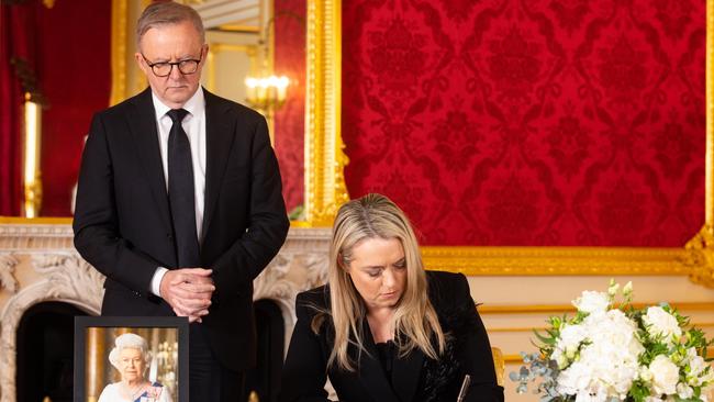 Mr Albanese and his partner Jodie Haydon signed a book of condolence at Lancaster House following the death of Queen Elizabeth II. Picture: David Parry – WPA Pool/Getty Images