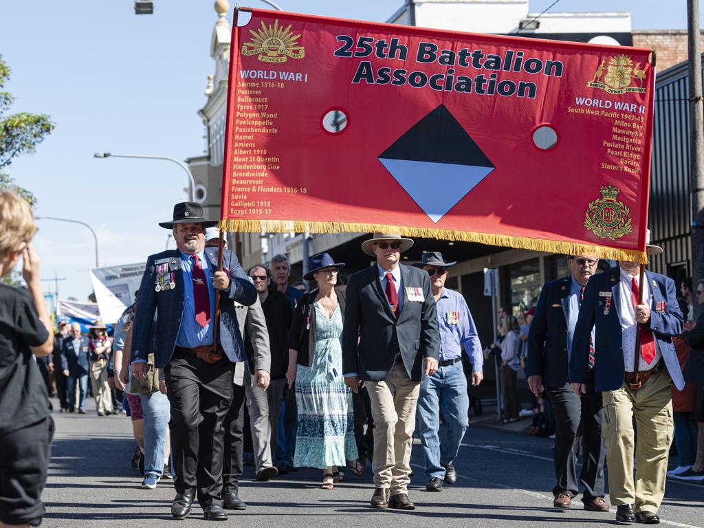 25th Battalion Association in Toowoomba's Anzac Day mid-morning march to the Mothers' Memorial, Thursday, April 25, 2024. Picture: Kevin Farmer