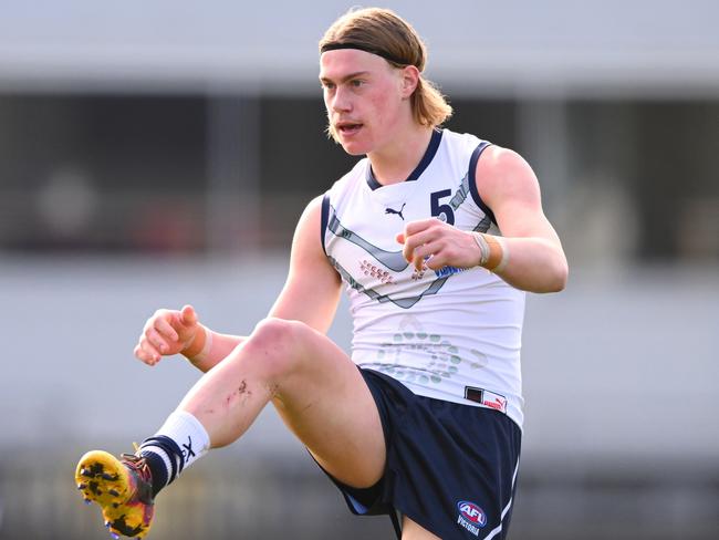 MELBOURNE, AUSTRALIA - JULY 16: Harley Reid of Vic Country kicks the ball during the 2023 U18 Boys Championships match between Vic Country and Vic Metro at Ikon Park on June 16, 2023 in Melbourne, Australia. (Photo by Morgan Hancock/AFL Photos via Getty Images)