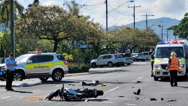 Cairns police and paramedics attended the scene of a traffic crash between a motorcycle and small hatchback at the intersection of Scott and Bunda streets in October 2021. Picture: Brendan Radke