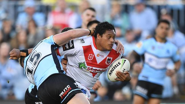 Luciano Leilua of the Dragons during the Round 22 NRL match between the Cronulla Sharks and the St George Illawarra Dragons at Pointsbet Stadium in Sydney, Sunday, August 18, 2019. (AAP Image/Joel Carrett) NO ARCHIVING, EDITORIAL USE ONLY