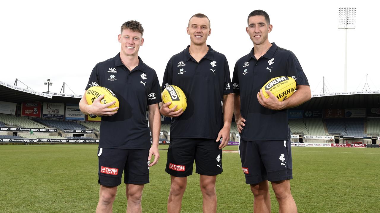 Sam Walsh (left) with Carlton captain Patrick Cripps and fellow vice-captain Jacob Weitering. Picture: Andrew Henshaw