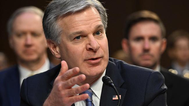 FBI director Christopher Wray has convened a meeting of the Five Eyes intelligence partnership in California. Picture: AFP