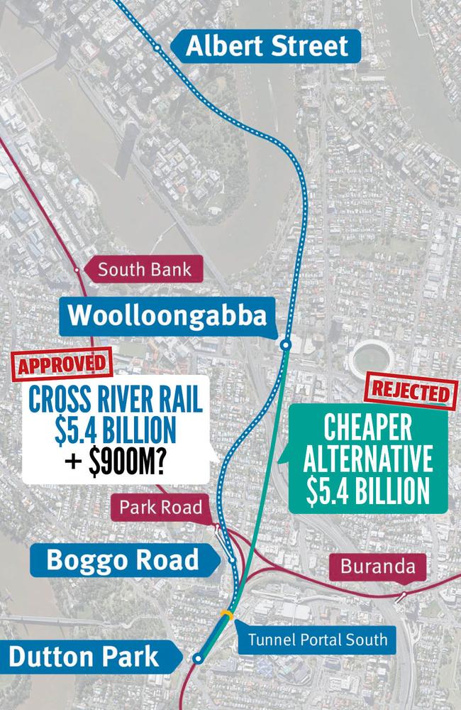 A map of the Cross River Rail shows the Boggo Rd site, which could cost up to $900 million more than the alternative site which is located nearby.