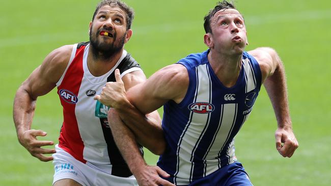 Paddy Ryder and Todd Goldstein go head-to-head in Round 1. Picture: Michael Klein