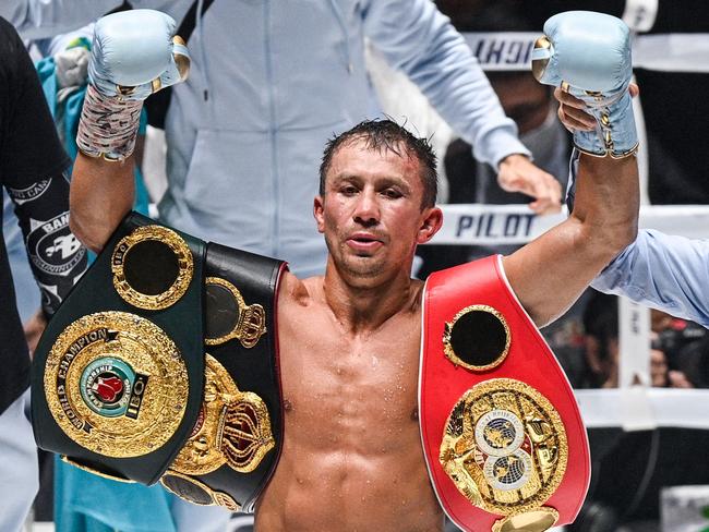 Kazakhstan's Gennady Golovkin celebrates victory against Japan's Ryota Murata during their WBA IBF middleweight championship boxing bout at Saitama Super Arena in Saitama on April 9, 2022. (Photo by Philip FONG / AFP)