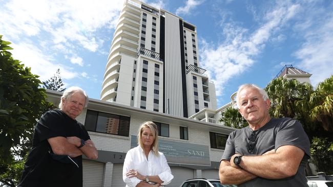 Residents of Eclipse and La Grande in Broadbeach Warren Newcombe, Linda Newcombe and Garry Muldoon opposed the original plan for San Broadbeach. Photograph: Jason O'Brien