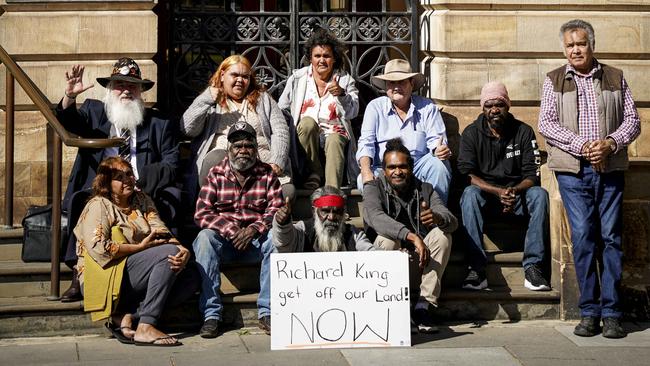 APY Lands Executive Member Murray George pictured with supporters in Adelaide today. Picture: Mike Burton