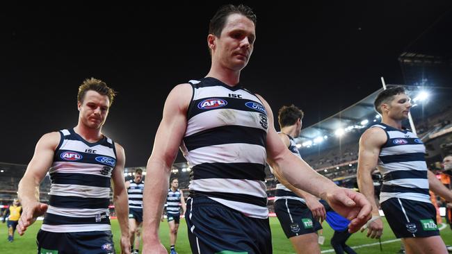 Patrick Dangerfield trudges from the field after Geelong’s preliminary final defeat in 2016.