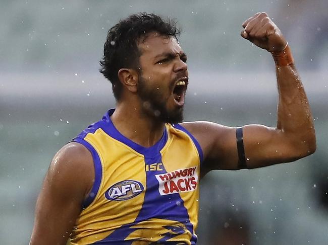 MELBOURNE, AUSTRALIA - AUGUST 18: Willie Rioli of the Eagles celebrates a goal during the 2019 AFL round 22 match between the Richmond Tigers and the West Coast Eagles at the Melbourne Cricket Ground on August 18, 2019 in Melbourne, Australia. (Photo by Dylan Burns/AFL Photos)