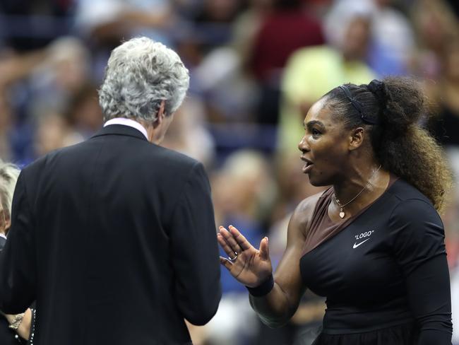 Serena Williams argues with tournament referee Brian Earley during her extraordinary meltdown. Picture: Getty