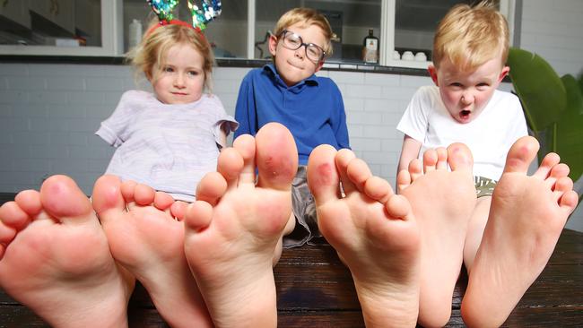 Luisa, Martin and Anderson have sore feet after spending time at the children’s pool at Norlane ARC. Picture: Alan Barber