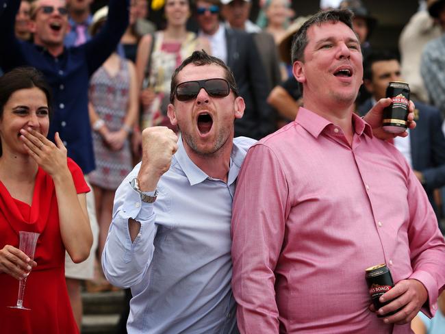 Melbourne Cup Day 2014 at Flemington Racecourse. Punters cheer on the horses during the last race. Picture: Mark Stewart