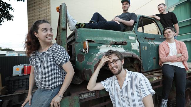 Ball Park Music’s Jen Boyce, Sam Cromack, and Paul Furness, front; and Daniel and Dean Hanson, behind. Picture: Lyndon Mechielsen