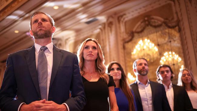 Eric Trump, his wife Lara Trump, Kimberly Guilfoyle and Donald Trump Jr. watch Donald Trump speak at an election-night watch party at Mar-a-Lago. Picture: Getty Images via AFP.