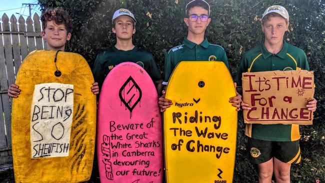 Finn and Bergen O'Neill, Fletcher Giuliana and Morne Combrinck are joining the School Strike for Climate in Brisbane.