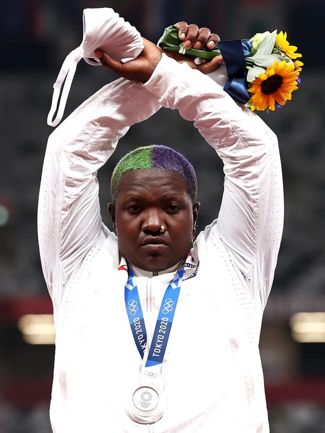 US shot-putter Raven Saunders and her protest signal. Picture: Getty Images