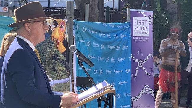 Gubbi Gubbi Dance leader Lyndon Davis watches on as Mayor Mark Jamieson addresses a NAIDOC Week ceremony in Nambour.