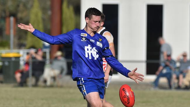 Taylor Stratton of Hastings in action during the MPNFL Div 2 match in Hastings, Melbourne, Saturday, April 20, 2019. MPNFL Div 2 v Devon Meadows V Hastings. (AAP Image/James Ross) NO ARCHIVING