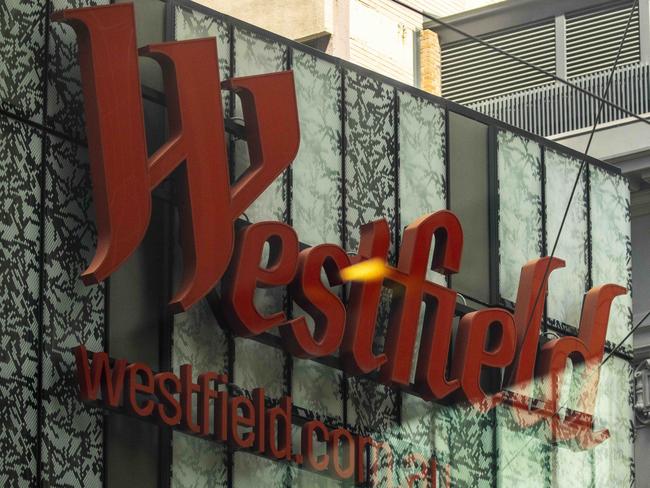 SYDNEY, AUSTRALIA - NewsWire Photos FEBRUARY 07, 2021: A view of the Westfield logo viewed from Pitt Street mall in SydneyÃs CBD. Picture: NCA NewsWire / Jenny Evans