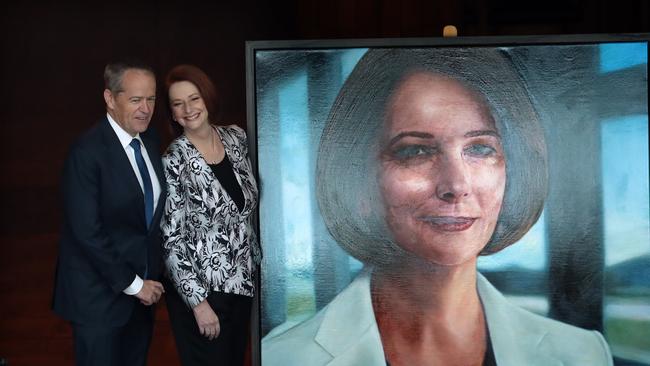 Former PM Julia Gillard with Bill Shorten at her official portrait unveiling event at Parliament House in Canberra. Picture: Gary Ramage