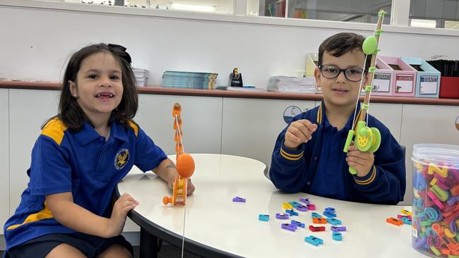 Elsie Fullgrabe and Julian Wright during their first week of prep at Bourchier St Primary School in Shepparton. Picture. Abby Walter