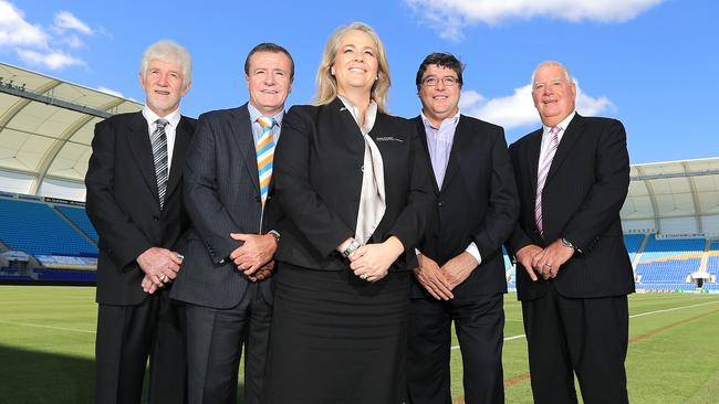 2014 Titans’ board of directors Chair Rebecca Frizelle with Darryl Kelly, Graham Annesley, Michael Searle and Paul Donovan. Photo: Scott Powick