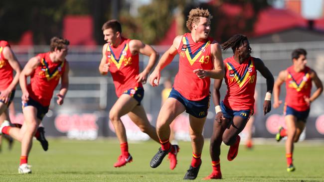 The South Australian team warms up ahead of its clash against Western Australia at Alberton Oval. Picture: Tait Schmaal