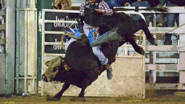 ARENA ACTION: Warwick Rodeo Bull Riding Champion, Jack McArthur, riding Bad Attitude at a past event. Photo: contributed